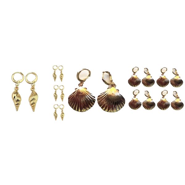 Qty 9 Pair Gold-Tone Shell Earrings: 5 Clamshells, 4 Conch Dangles