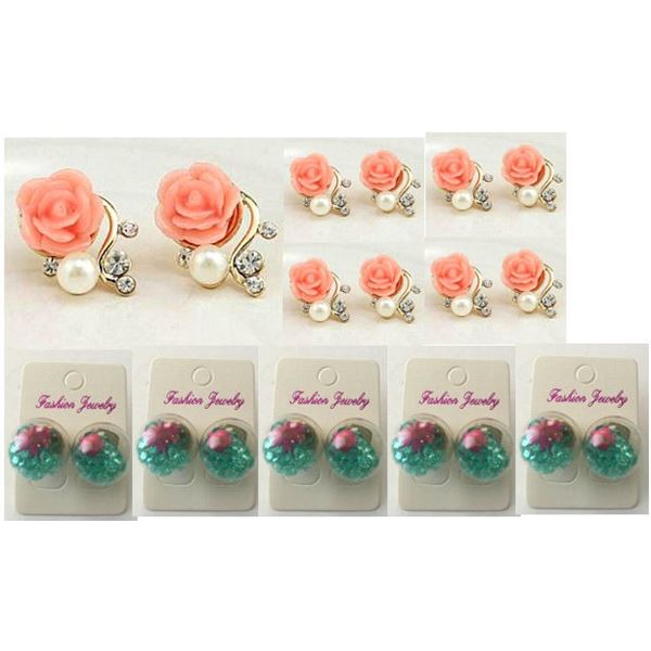 Qty 10 Pair Floral Gold-Tone Earrings: 5 Roses, 5 Reversible Floral & Clear Stones
