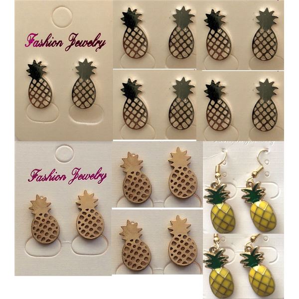 Qty 10 Pair Pineapple Earrings: 3 Gold-Tone, 5 Silver-Tone, 2 Enamel, Misc Designs