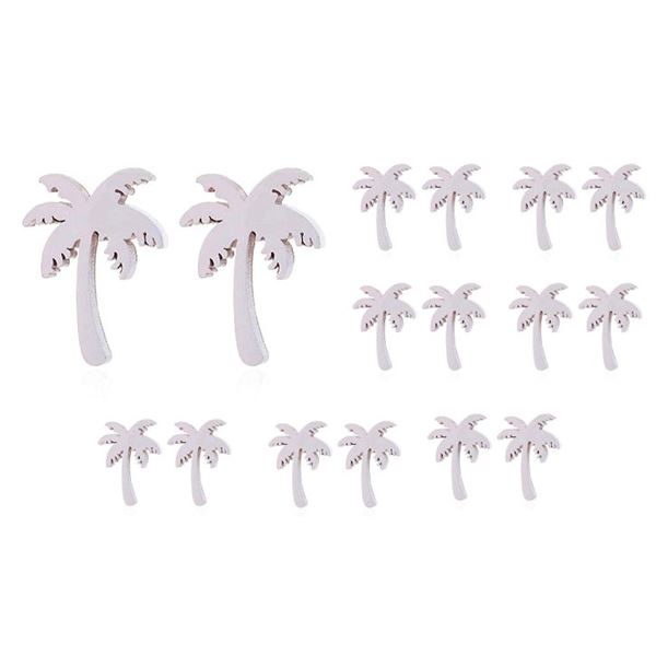 Qty 8 Metal Silver-Tone Small Palm Tree Stud Pierced Earrings