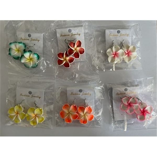Qty 6 Plumeria Flower Fimo Polymer Clay Pierced Hook Dangle Earrings (approx. 1.25" dia), Misc Color