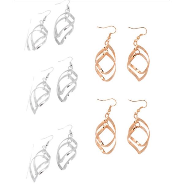 Qty 5 Long Swirls Hook Pierced Dangle Earrings: 2 Gold-Tone, 3 Silver-Tone