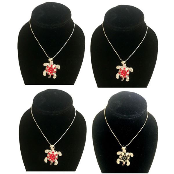 Qty 4 Island Reflections Turtle Pendants on 18" Silver-Tone Chain Necklaces: 3 Red Stones & 1 Black 