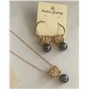 Image 4 : Qty 2 Gold-Tone Barrel w/ Floral Design Hoop Pierced Earring & Necklace Sets (1 w/ Black Pearl Bead)