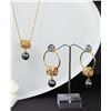 Image 2 : Qty 2 Gold-Tone Barrel w/ Floral Design Hoop Pierced Earring & Necklace Sets (1 w/ Black Pearl Beads