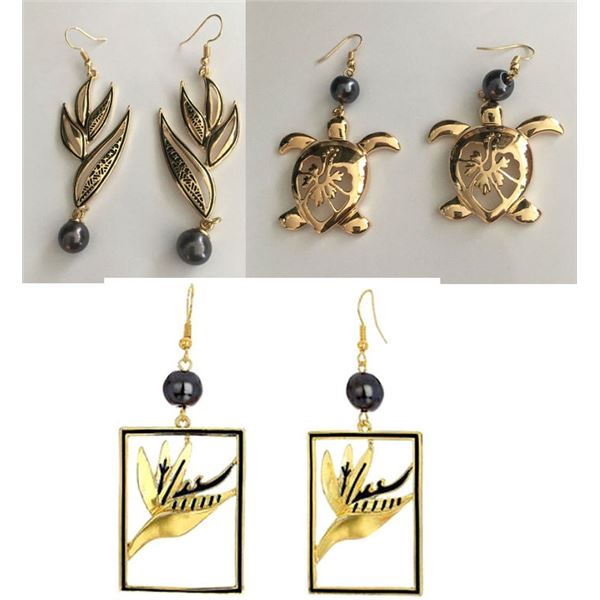Qty 3 Pair Gold-Tone Hawaiian Earrings: Honu Turtle, Leaf & Bird of Paradise (approx. 3"L)