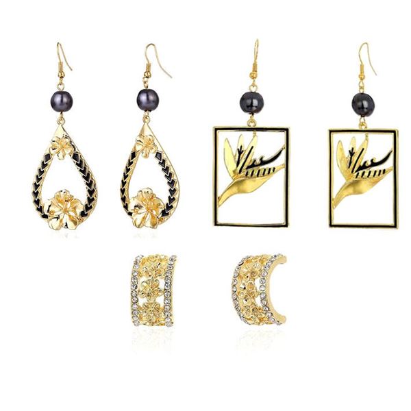 Qty 3 Pair Gold-Tone Hawaiian Earrings: Barrel, Hibiscus & Bird of Paradise (approx. 3"L)