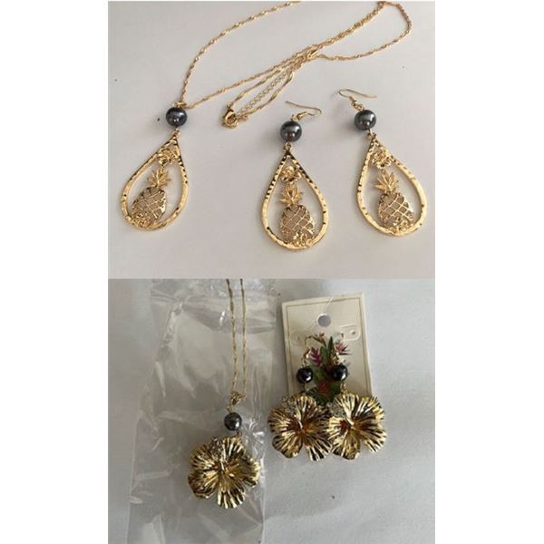 Qty 2 Gold-Tone Hawaiian Theme Hook Pierced Earring & Necklace Sets: Pineapple 3" & Hibiscus 1.75"