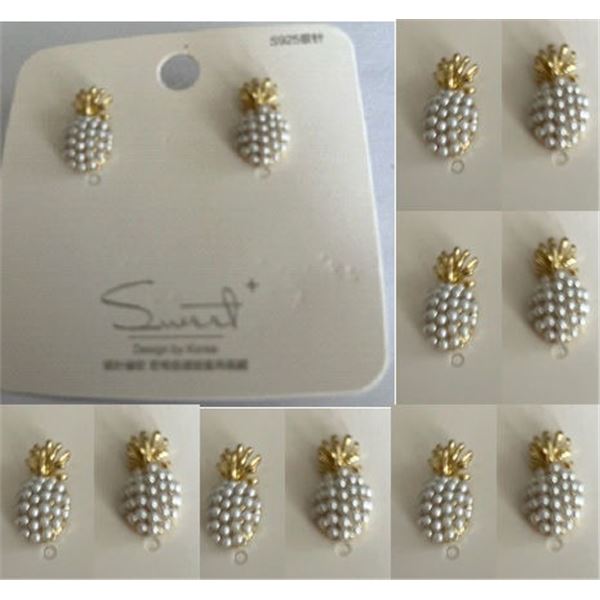 Qty 6 Pair Gold-Tone Pineapple Earrings w/ Pearl Bead Accents (approx. 0.75"L)