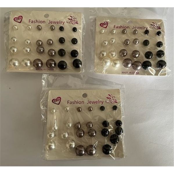 Qty 3 Multiple Earring Cards (12 pair each) Pearlesque Bead Stud Earrings