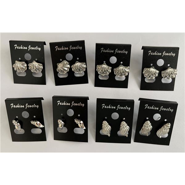 Qty 8 Pair Metal Silver-Tone Shell Shaped Stud Pierced Earrings