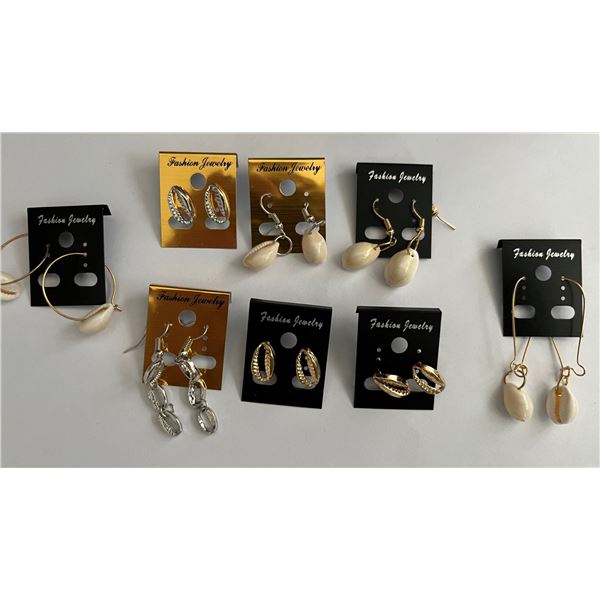 Qty 8 Pair Gold-Tone & Silver Tone Faux Shell Earrings, Misc Sizes