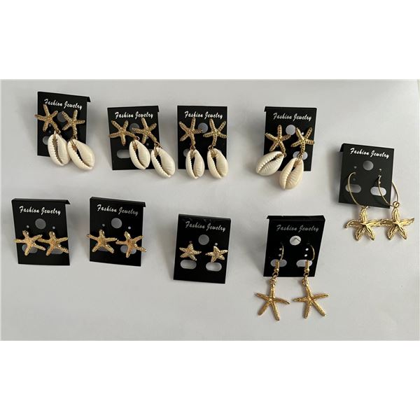 Qty 9 Pair Gold-Tone Starfish & Shell Pierced Earrings, Misc Sizes