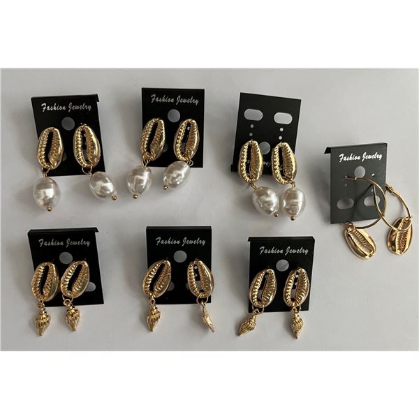 Qty 7 Pair Metal Silver-Tone Shell Shaped Stud Pierced Earrings