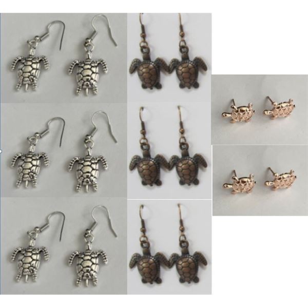 Qty 8 Pair Gold-Tone & Silver Tone Turtle Honu Earrings, Misc Sizes