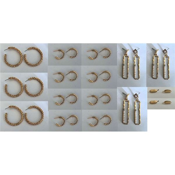Qty 16 Pair Gold-Tone Earrings: 3 Large Hoops, 8 Small Hoops, 3 Pearl Dangles & 2 Leaves