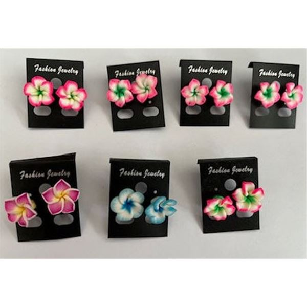 Qty 7 Pair Fimo Polymer Clay Plumeria Flower Stud Earrings