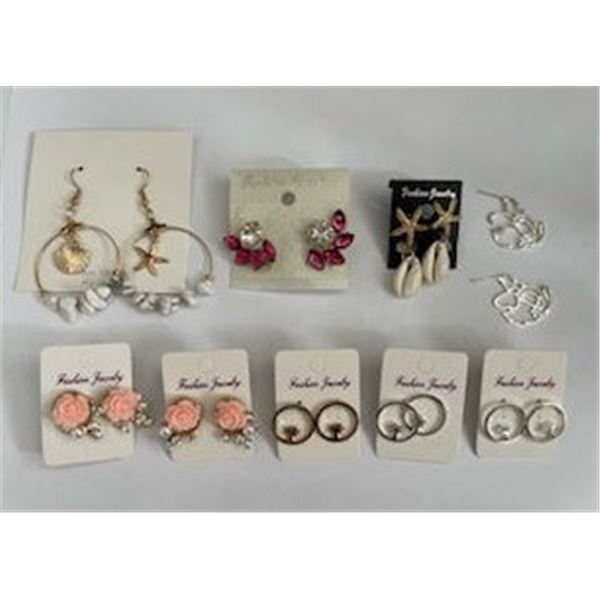 Qty 9 Pair Misc Earrings: Shells, Palm Trees, Flowers, etc