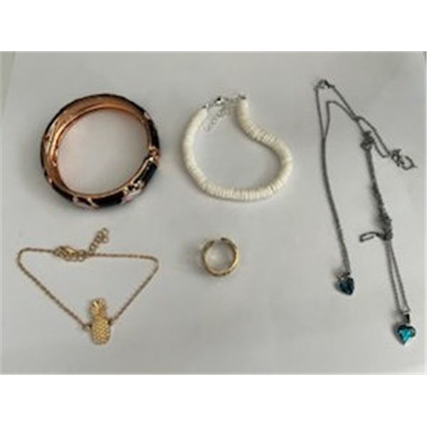 Misc Costume Jewelry: Pineapple & Faux Puka Shell Anklet, Metal Enamel Bracelet, Abalone Shell Heart