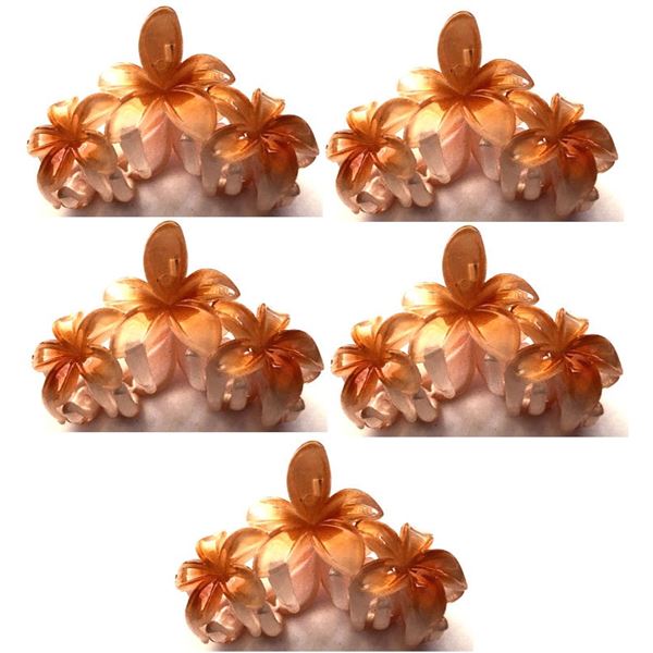 Qty 5 Hard Plastic Medium Plumeria Orange Triple Flower Hair Claws Clips (approx. 2.75"L)