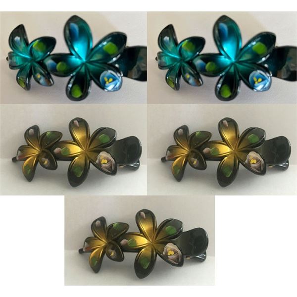 Qty 5 Hard Plastic Large Plumeria Yellow & Aqua Flower Hair Claws Banana Clips (approx. 4"L)