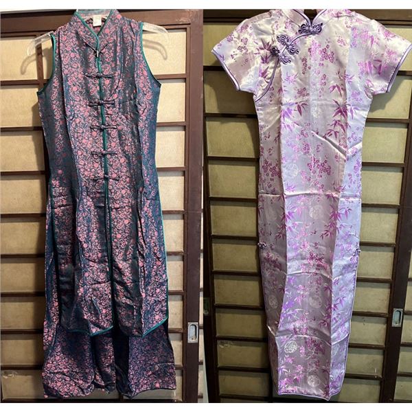 Qty 2 New Asian Outfits Size M:  Dress w/ Oriental Clasps (30" bust/52"L) & Vest w/ Pants (32"bust/3