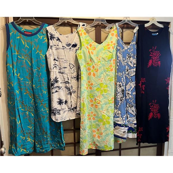 Qty 5 Sleeveless Size Medium Dresses (36-38"bust): Island Feeling, Sunset Rose, Palmwave (pre-owned)