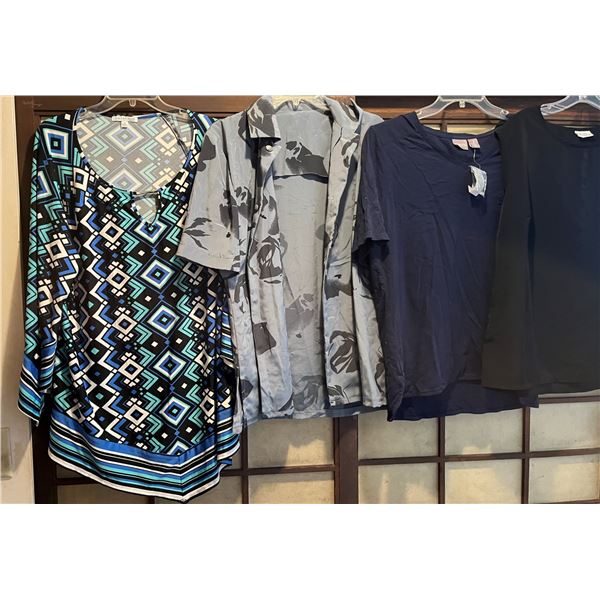 Qty 4 Women's Shirts: New Chico Size 3 (44" bust), Notations 2X (48" bust), Blair Tank (46") & Homem