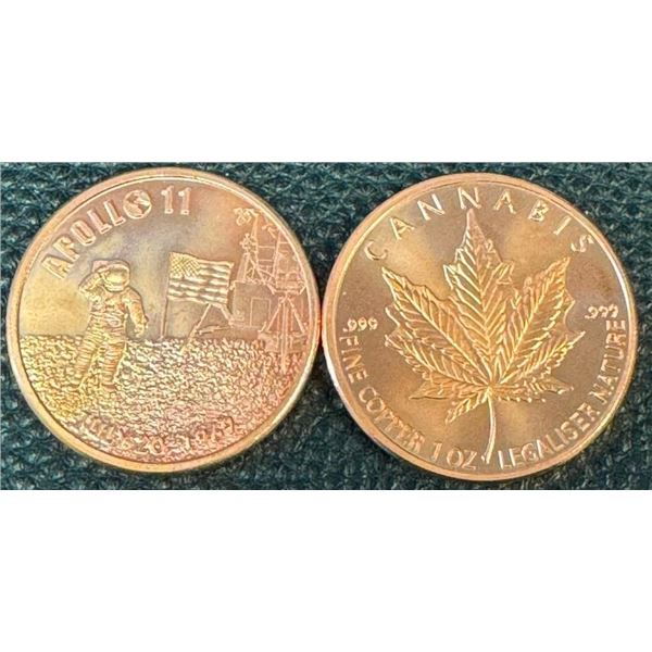 Lot of (2) .999 Fine Copper 1oz Rounds - Apollo 11, Cannabis.