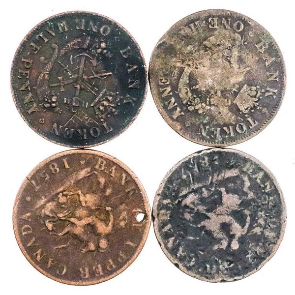 Lot of (4) Bank of Upper Canada 1857 Half Penny Tokens Good