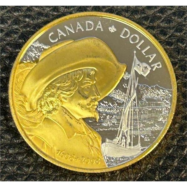 2008 .925 Sterling Silver Canada $1 with 24kt Gold Plating.