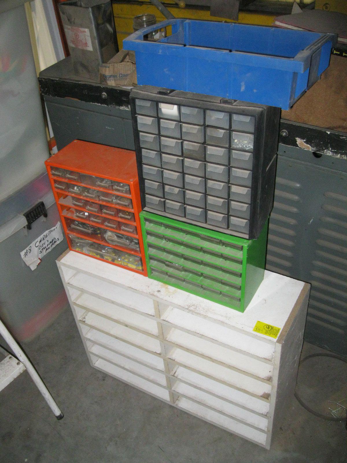 3 PLASTIC MULTI DRAWER STORAGE UNITS W/CONTENTS & A SORTING SHELF