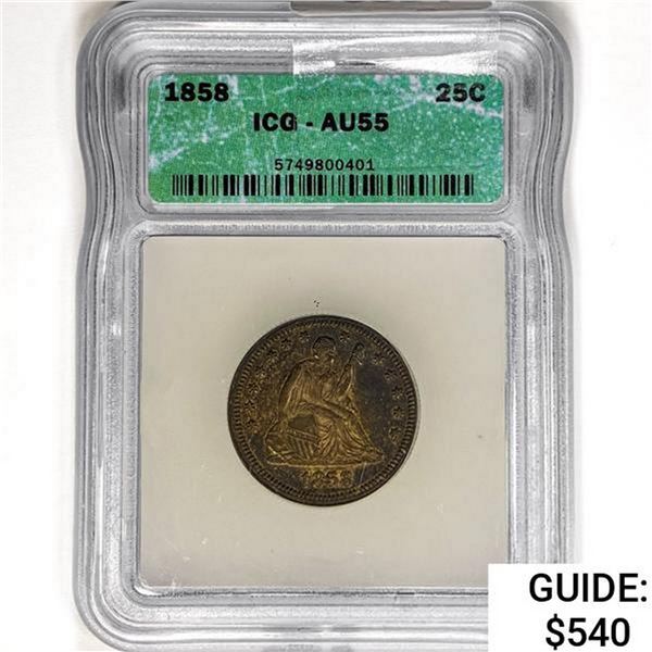 1858 Seated Liberty Quarter ICG AU55