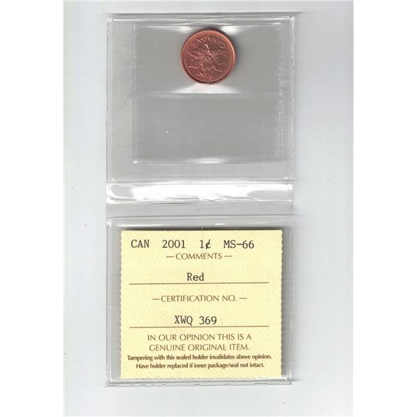 2001 Canada 1¢; Red, Certified ICCS MS66