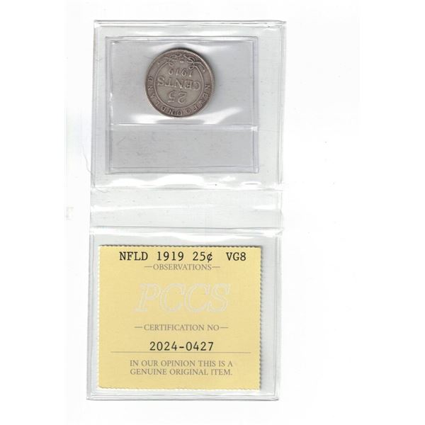 Newfoundland 1919 25¢ Certified PCCS VG8, Professional Coin Certification System