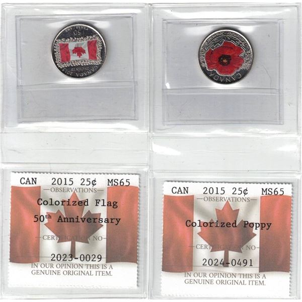 2015 Canada 25¢ Colorized Poppy & Flag Certified PCCS MS65, Professional Coin Certification System