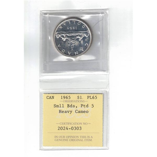 1965 $1. Smll Bds Ptd 5; Heavy Cameo Certified PCCS PL65, Professional Coin Certification System