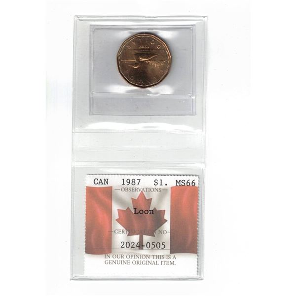 1987 $1 Canada Loon, Certified PCCS MS66, Professional Coin Certification System