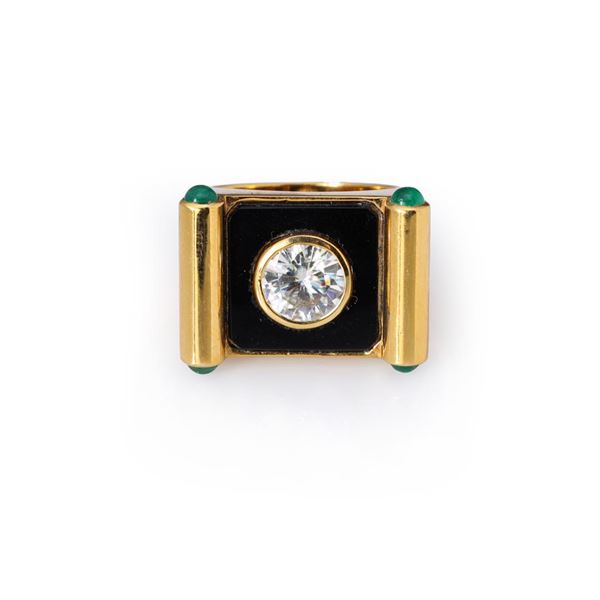 Large 18k Yellow Gold Moissanite & Emerald Ring by Carlo Rici