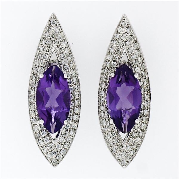 Custom 18k White Gold 3.50 ctw Marquise Amethyst & Diamond Large Stud Earring