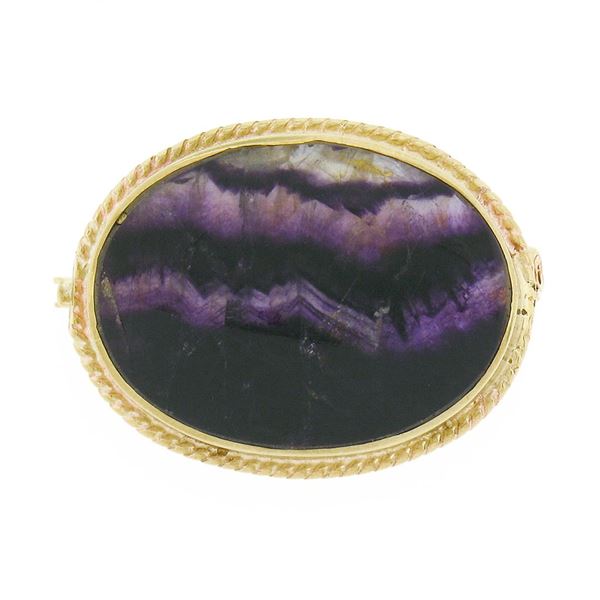 Vintage 9k Gold Oval Bezel Polished Natural Amethyst Twisted Wire Frame Brooch