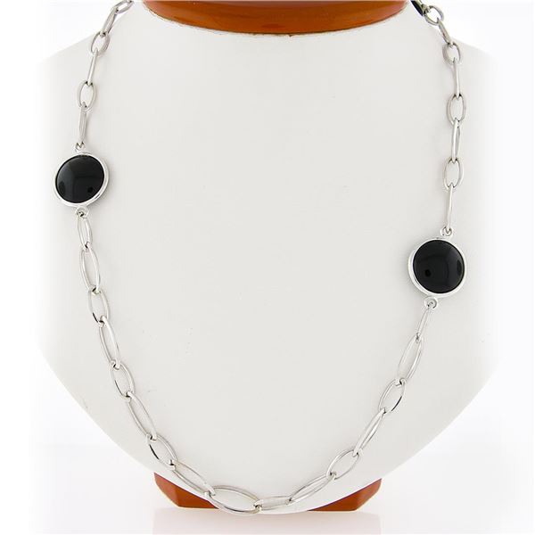 Luca Carati 18k White Gold 4 Station Bezel Black Onyx Long Open Chain Necklace