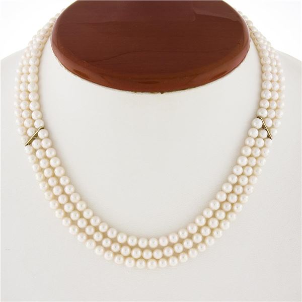 3 Strand 4-4.5mm Cultured Pearl Necklace w/ 14k Yellow Gold Wide Filigree Clasp