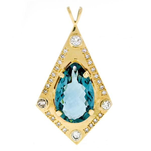 Large 14k Yellow Gold Tear Drop London Blue Topaz & Round Diamond Kite Pendant