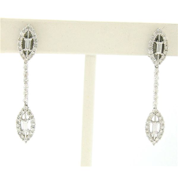 NEW 18k White Gold 0.95 ctw Round Baguette Diamond Drop Dangle Marquise Earrings