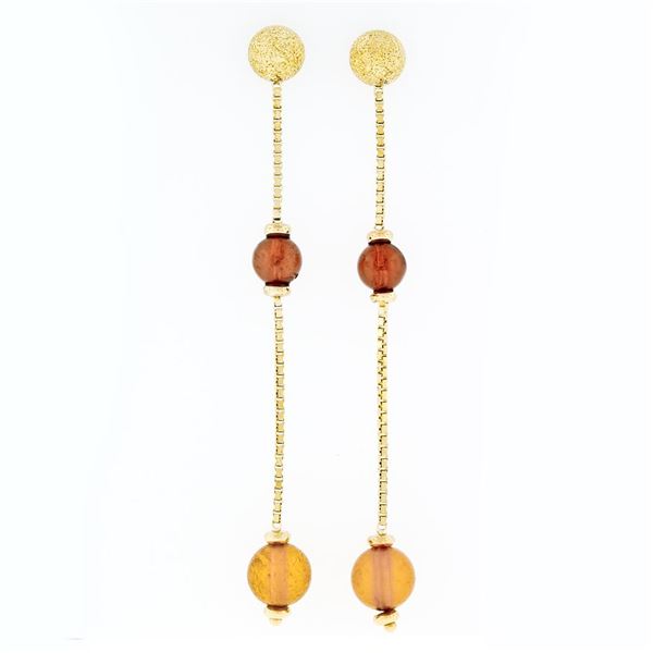 Estate 18K Yellow Gold Bead Citrine Textured Long Box Chain Drop Dangle Earrings