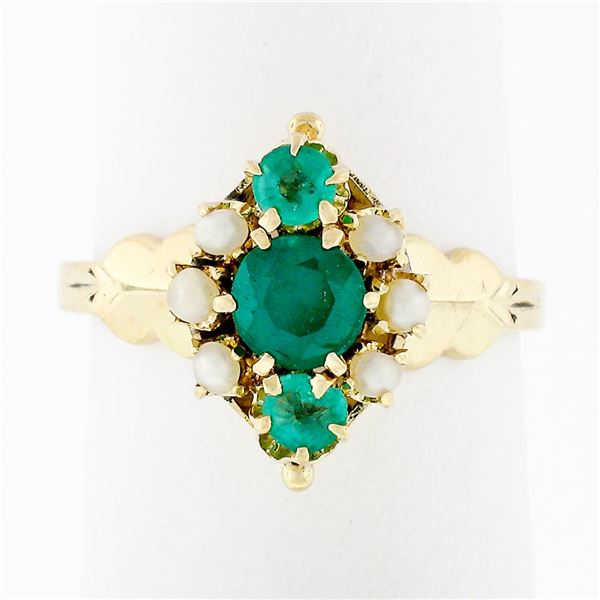 Antique Victorian 14k Gold 0.42 ctw Round Emerald 1.7mm Pearl Petite Cluster Rin