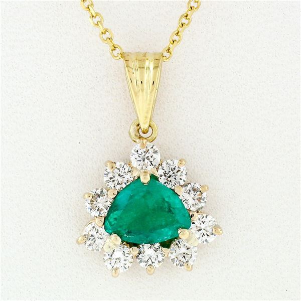 14k Yellow Gold Trillion Green Emerald Solitaire & Diamond Halo Pendant Necklace