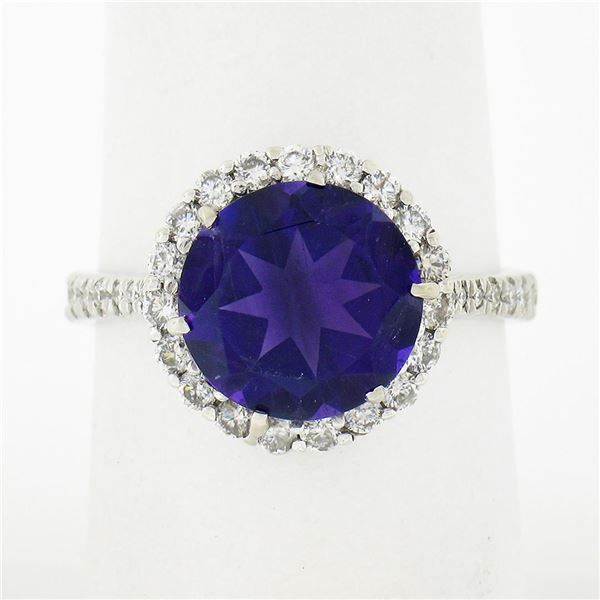 14K White Gold 4.1 ctw Royal Purple Amethyst Solitaire w/ Round Diamond Halo Rin