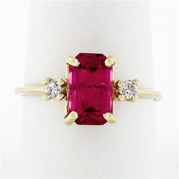 Vintage 14k Gold 2.20 ctw Emerald Pink Tourmaline Ring w/ Round Diamond Accents